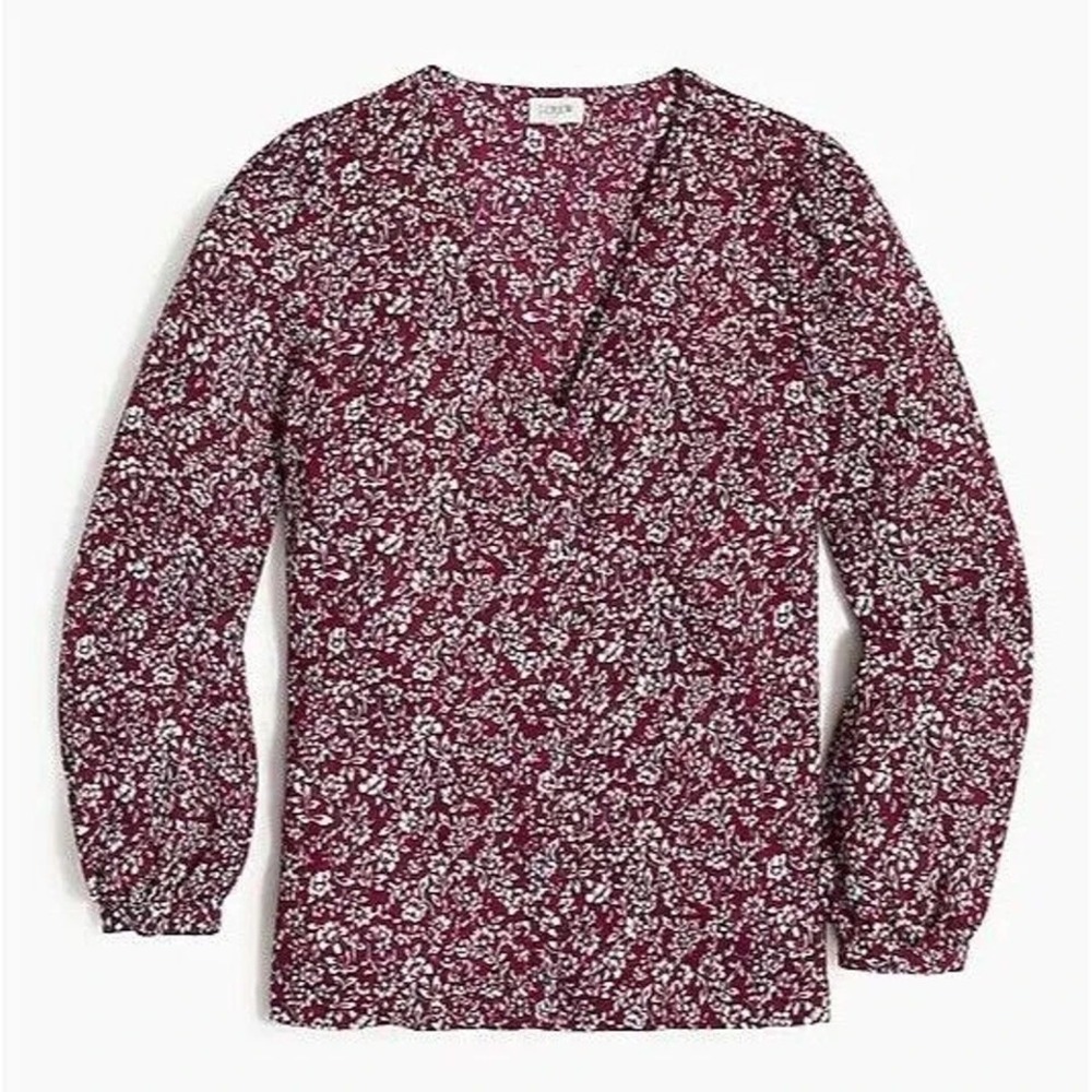 J. Crew Womens XXS Red‎ Floral Print Long Sleeves V-Neck Blouse Top NK46